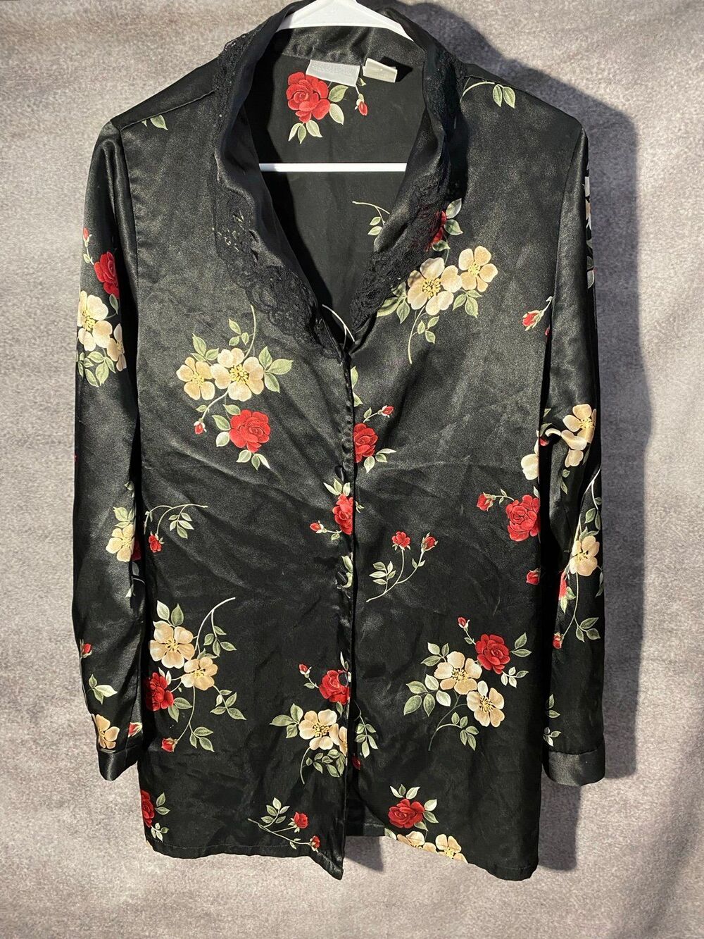 Adonna Vintage Satin Pajama Top Medium Black Red Floral Rose Lace Trim Long Slee